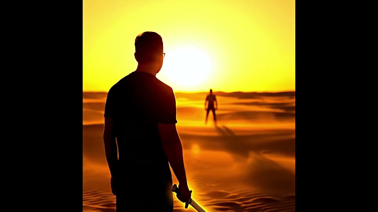 A one-on-one standoff scene on a wind-swept plain with swirling sand.  