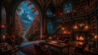 Gothic Library by the Rainy Autumn Forest | Fireplace Ambience for Reading, Study | Dark Academia screenshot 4