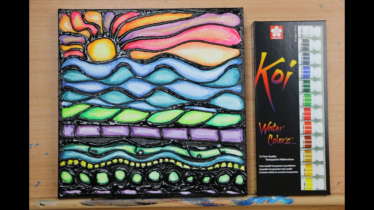 Tutorial) WATERCOLOR & PUFF PAINT Sunset - Stained Glass Painting Series 