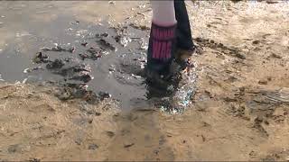 TEASER WANNABE WAG WELLIES IN DEEP WATER AND FLOODED WITH BLACK SANDY MUD
