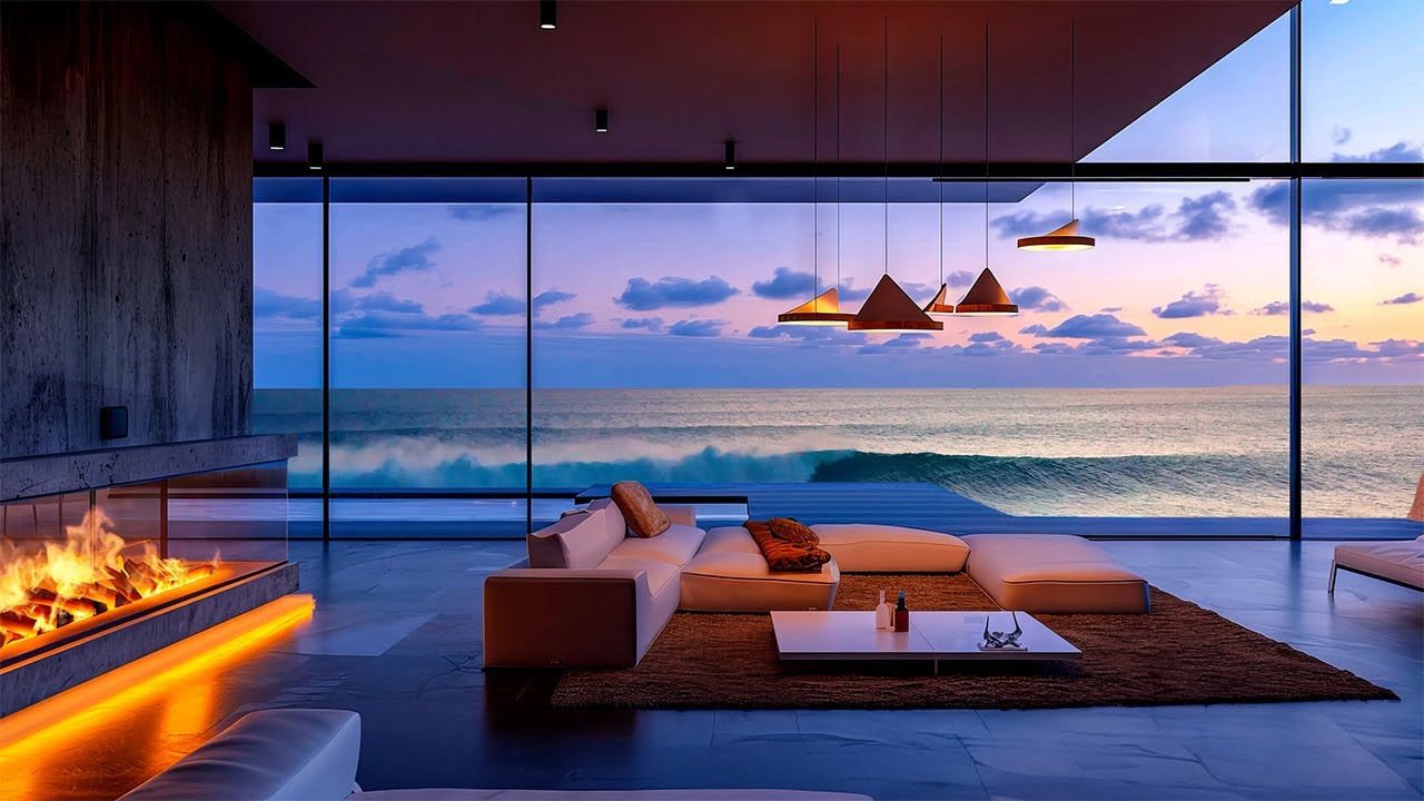 Nighttime Seaside Ambience In Comfortable Apartment | Smooth Jazz Music & Fireplace Lounge