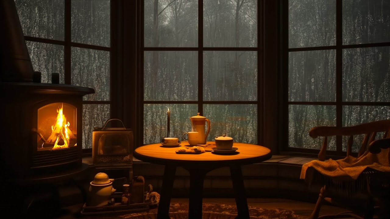 Cozy Ambience - Relaxing Crackling Fireplace and Rain Sound For Sleep ...