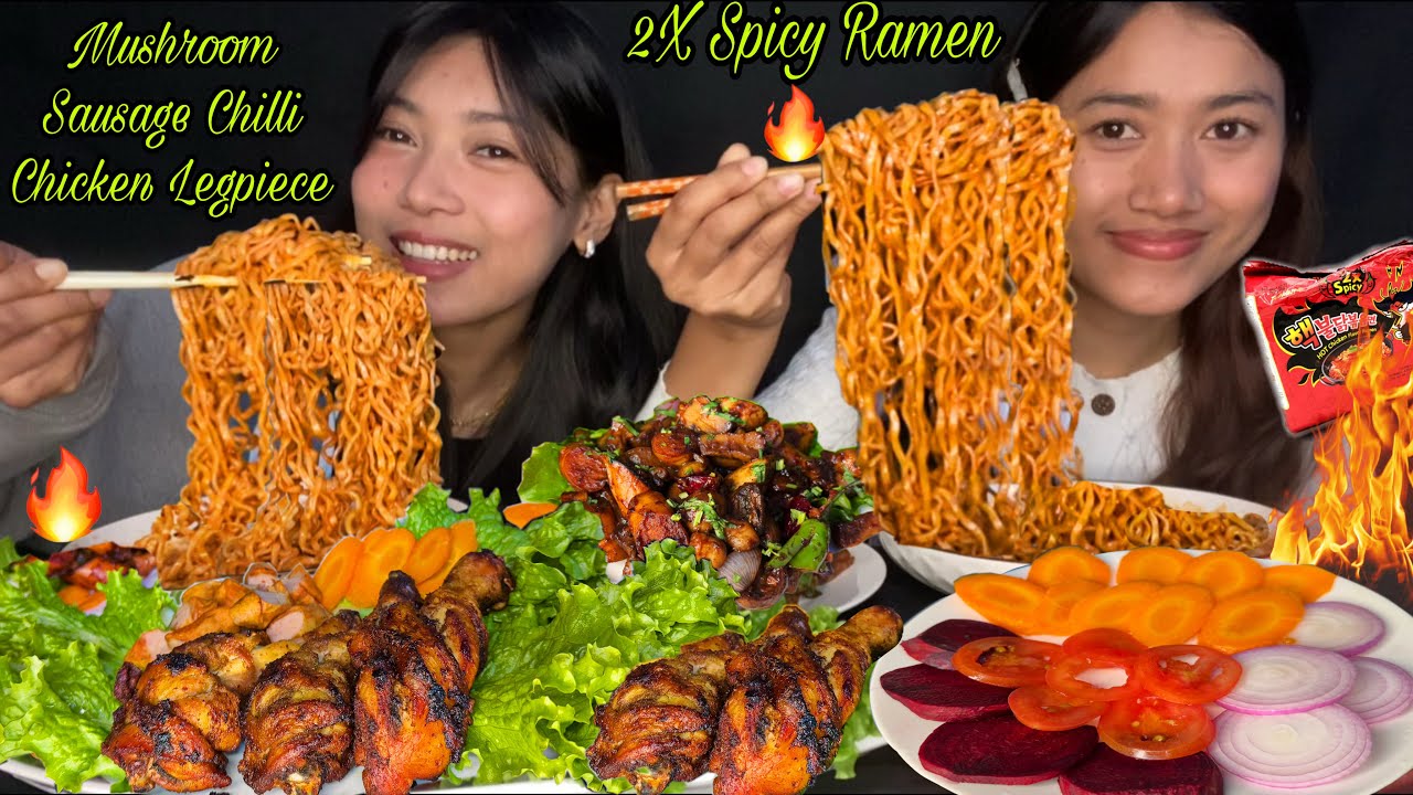 2X SPICY RAMEN🔥🔥CHICKEN LEG PIECE🍗🍗 MUSHROOM SAUSAGE CHILLI🔥🔥, LETTUCE🥬, SALAD MUKBANG