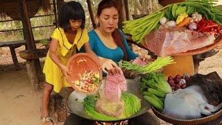 Mother cooking beef with water convolvulus recipe- Grilled sting ray for dinner eating delicious