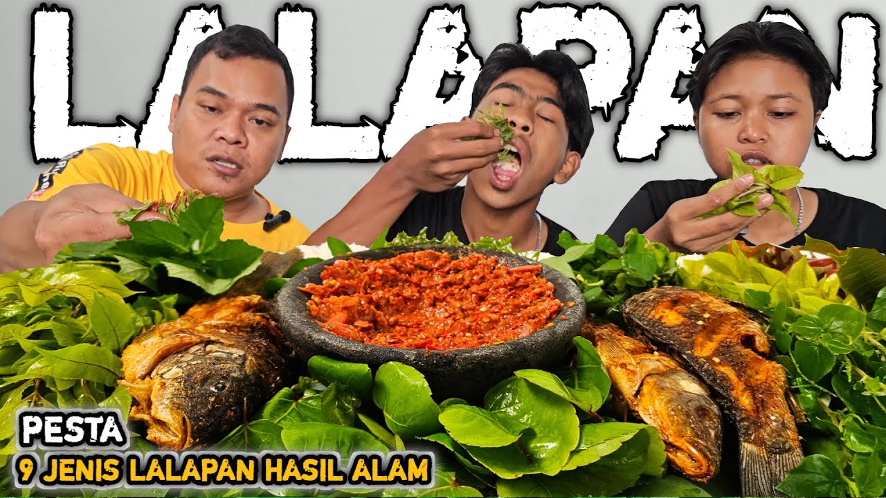 Sapu bersih ! Mukbang ikan mas goreng sambal terasi + 9 jenis lalapan hasil alam, Nikmat kacida