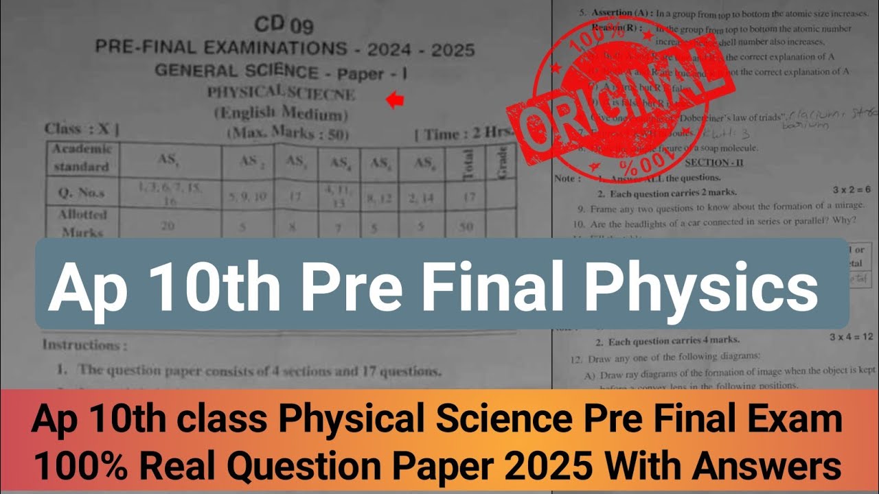 Ap 10th class pre final exam Physics question paper 2024-25|10th ...