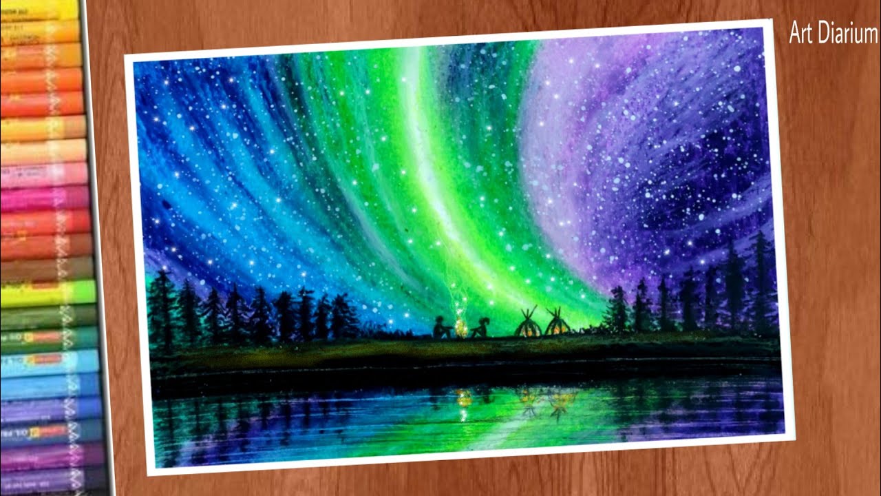 How to draw northern Lights step by step - Aurora night sky drawing with  oil pastels for beginners - YouTube