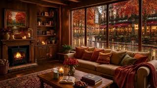 Dreamy Autumn Window Café 🌧️ Soft Jazz Piano, Rain Sounds & Warm Firelight for Reading screenshot 2