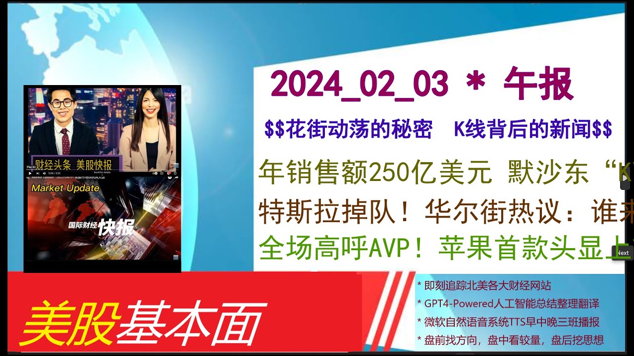 美股基本面- 2024_02_03 * 午报*  年销售额250亿美元默沙东“K药”问鼎全球“药王”。特斯拉掉队！华尔街热议：谁来替补“科技七姐妹”？。全场高呼AVP！苹果首款头显上市，库克：这-  YouTube