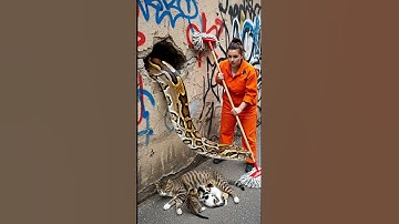 Urgent! Cleaning Prisoner Confronts Giant Python Attacking a Cat! #DangerMoment #CatRescue 🐍🐱