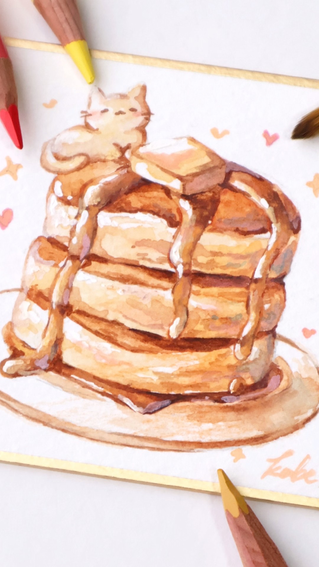 豆色紙原画12 │ねこちゃんとホットケーキ #watercolor #art - YouTube