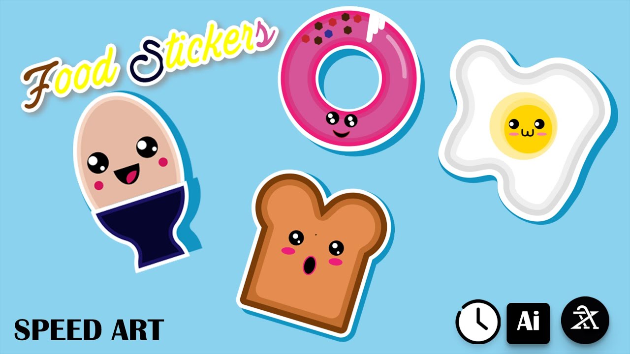 Cute Food Stickers - Adobe Illustrator Speed Art