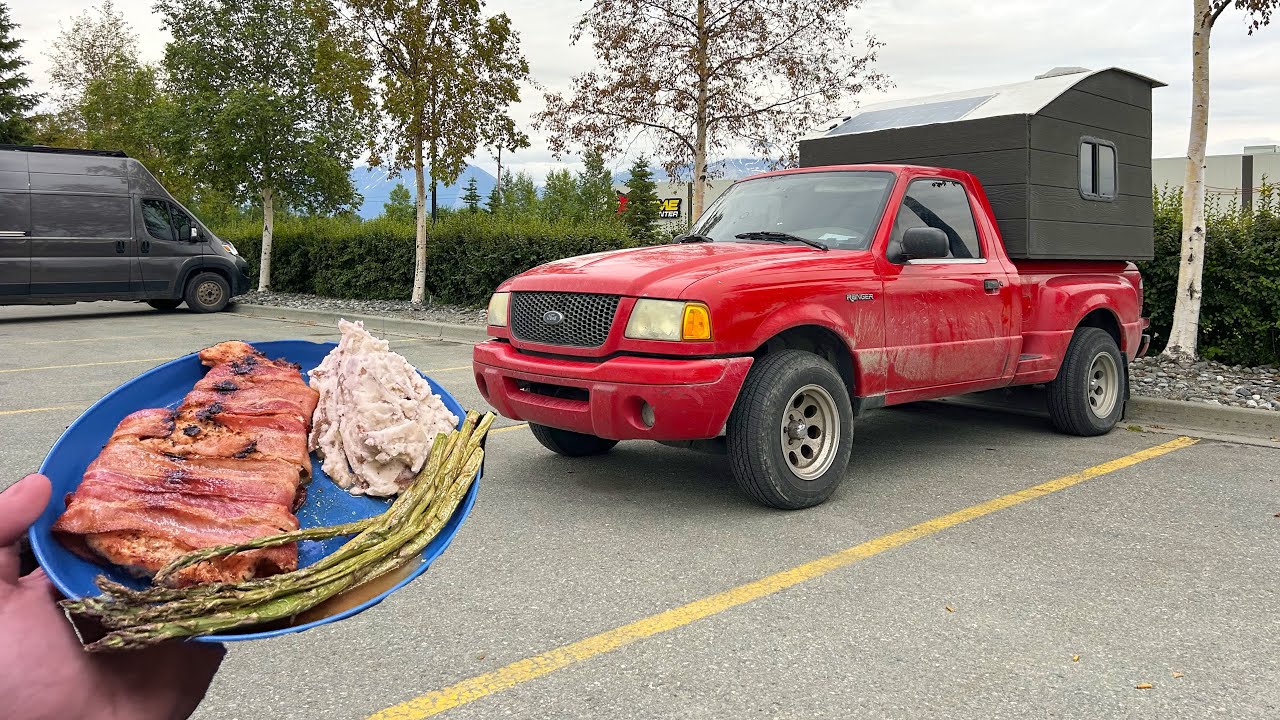 Rainy Stealth Truck Camping In Alaska & Cooking Bacon Wrapped Chicken!