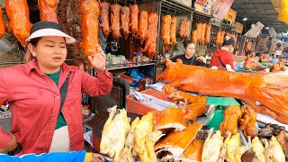 Popular Place For Roasted Pigs - Cambodian Food Scenes & Daily People Activities @Orussey Market