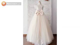 Beach Ivory Lace Champagne Tulle Flower Girl Dresses with bow | Princessly Dresses