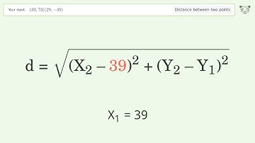 Find the distance between two points p1 (39,73) and p2 (29,-49): Step-by-Step Video Solution