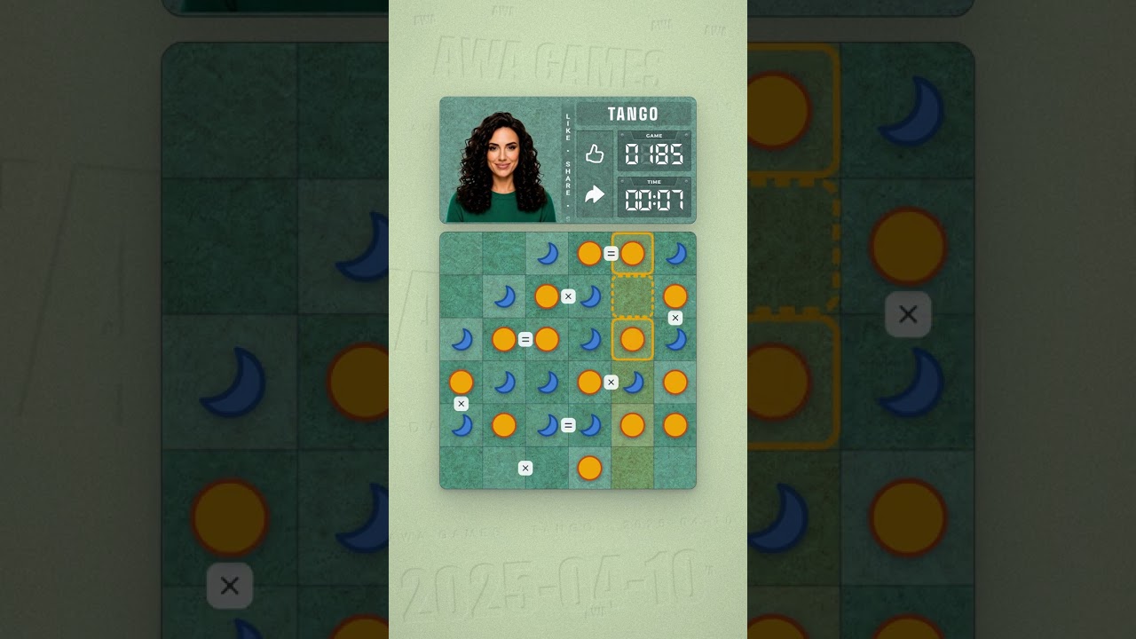 LinkedIn Tango #185 solved board for April 10, 2025, 6x6 grid