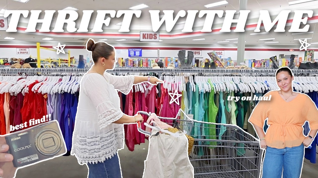 come THRIFT WITH ME | try on haul, good finds, shopping for travel..