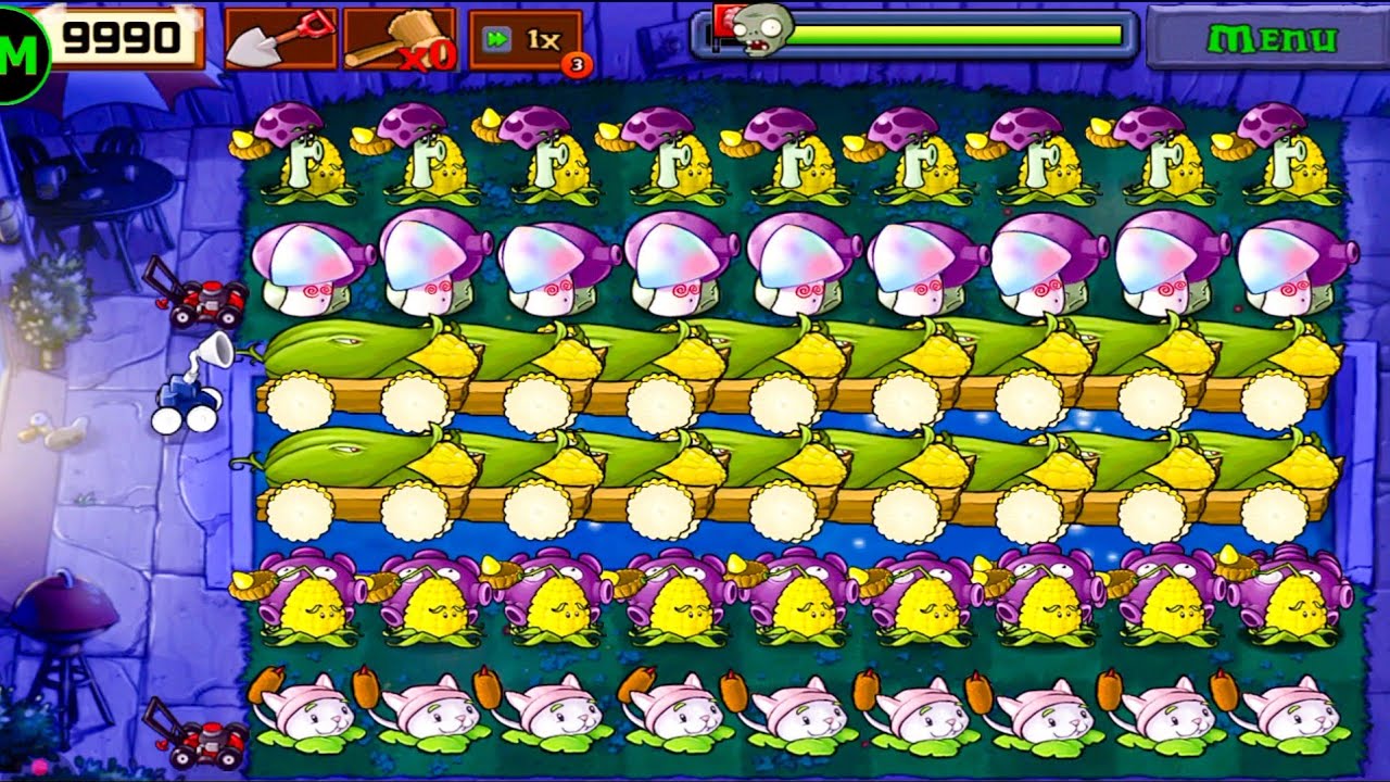 Plants Vs zombies Survival Fog Cob Cannon+Fume+Gloom+Scaredy+Hypno Shroom+Cattail Vs All Zombies 