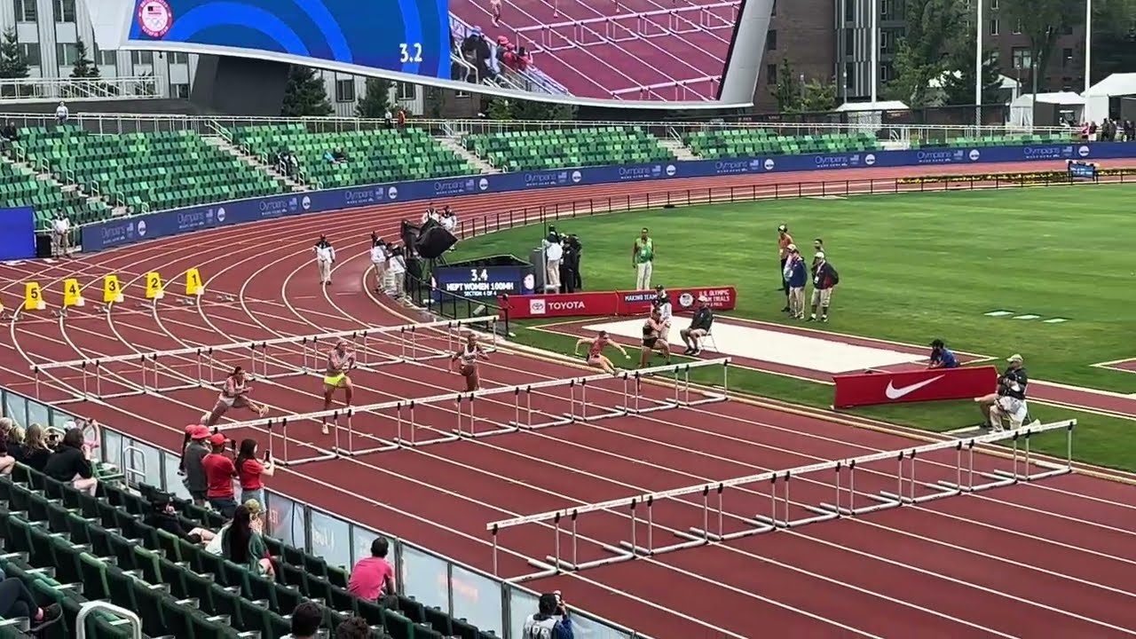 Annie Kunz INJURED!! Heptathlon 2024 U.S. Olympic Trials, 100m Hurdles Heat 4- clipped hurdle warmup