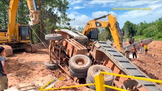 Dump Truck Accident and recovery by Excavators & Bulldozer