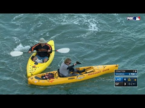 Two kayaks race for foul ball in McCovey Cove