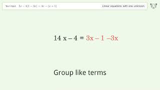 Linear equation with one unknown: Solve 5x-4(1-3x)=4x-(x+1) step-by-step solution