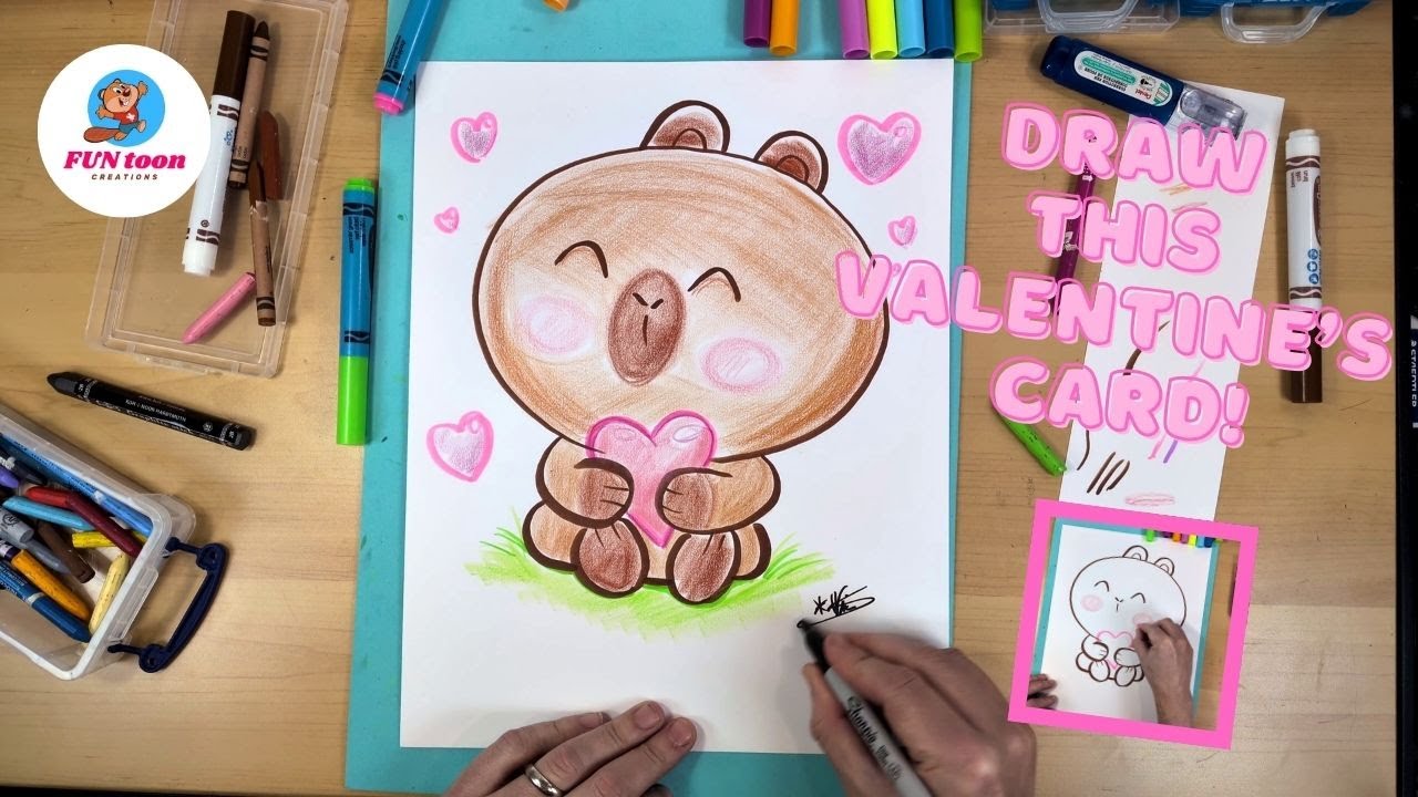 HOW TO DRAW A FUN CAPYBARA Valentine's day card  | Easy Step-by-Step with Markers & Crayons