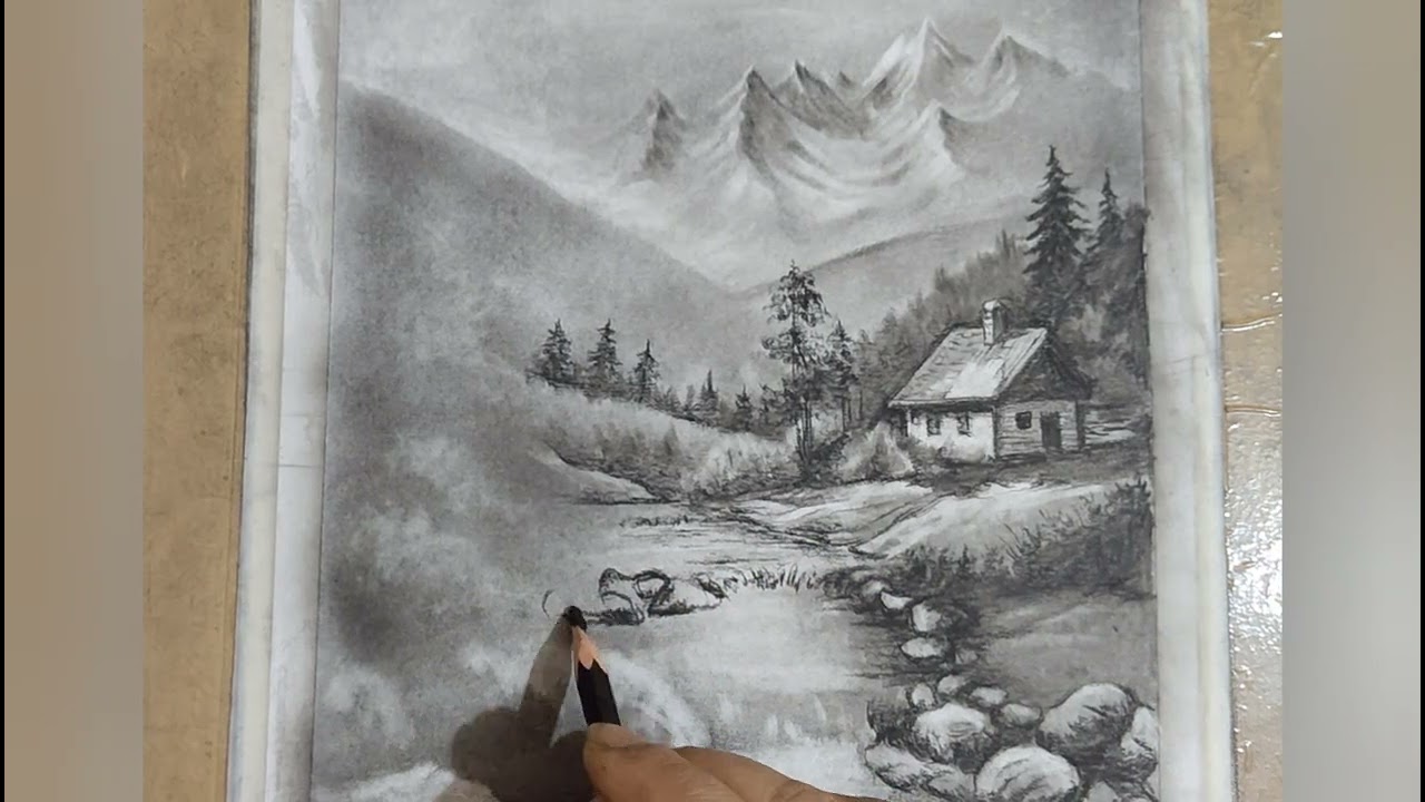 Landscape Drawing With Charcoal Pencil And Detailing # Nature Sketch # Nature.