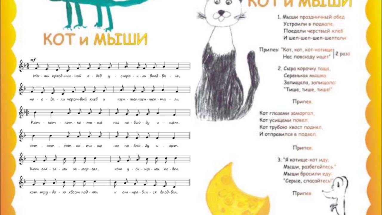 Слушать песенки про кота. Кот и мыши слова. Кот и мышь Ноты. Конвенан песенки для самых маленьких. Ноты детских песен.