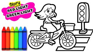 How to draw cute little girl riding a bicycle   Story: RED LIGHT  GREEN LIGHT GAME