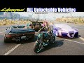 Cyberpunk 2077 - All Unlockable Vehicles (Cars & Bikes Showcase)