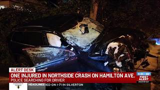 Woman hospitalized, driver missing after crash into pole