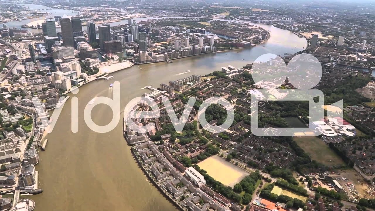 Free Stock Video Download - Aerial of River Thames with London Docklands