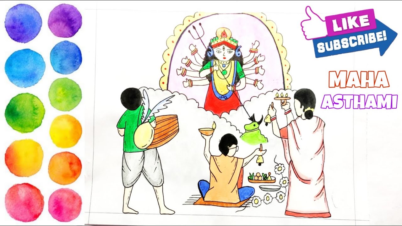 Happy Maha Aashtami | Easy & Simple Drawing of Durga puja For Everyone | Watercolour Drawing |