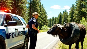 Fearless heroes rescue a buffalo whose horns are stuck in a tire
