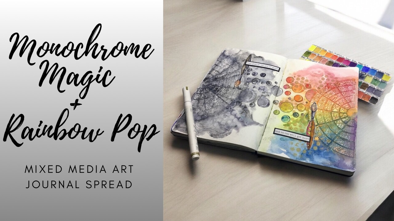 Monochrome Magic + Rainbow Pop | Mixed Media Art Journal Spread