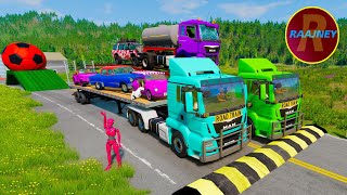 Double Flatbed Trailer Truck vs speed bumps| Train vs Speed bumps |Beamng Drive |30