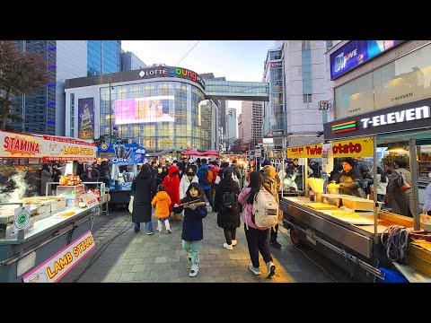 4K Seoul Walk, Myeongdong Shopping & Street Foods Area | Most Popular and Busiest Street City Sounds