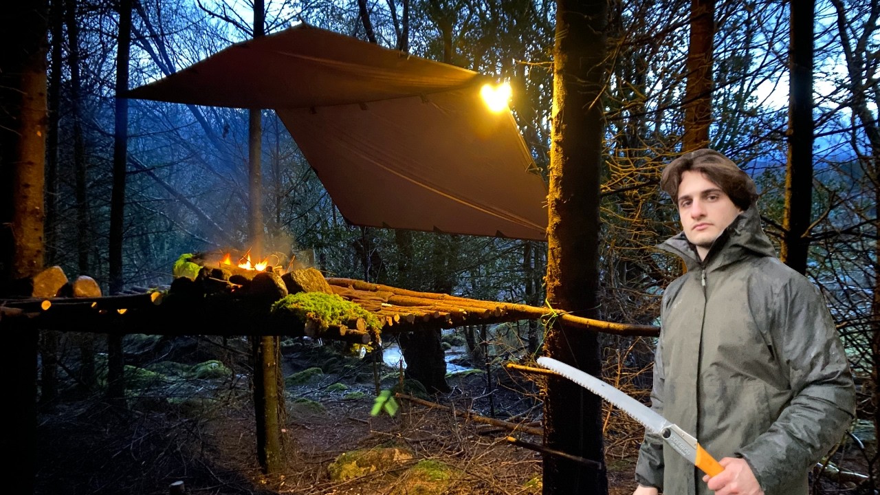 Treehouse Survival Shelter in the Rain | Primitive Fire Pit Build