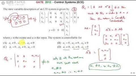 GATE 2012 ECE Find the condition for system controllability based on a1, a2 and a3 values