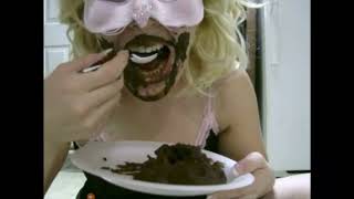 blonde woman eats fresh poo from plate (messy)