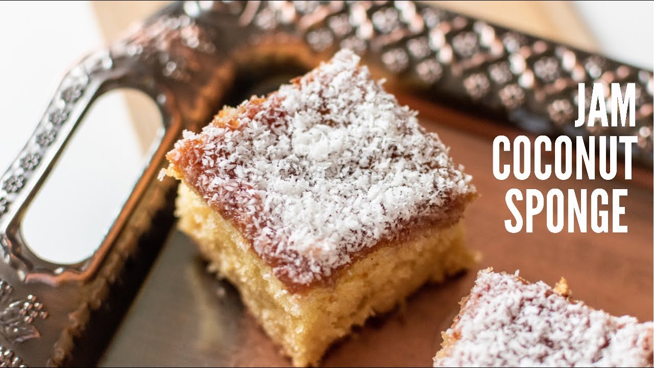 Jam & Coconut Cake Recipe UK Traybake Recipe Retro Soft Sponge
