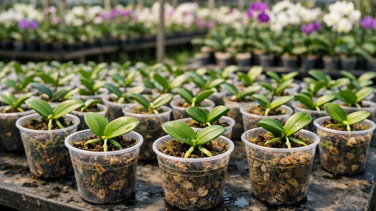 Propagating orchids in plastic cups allows them to grow rapidly.