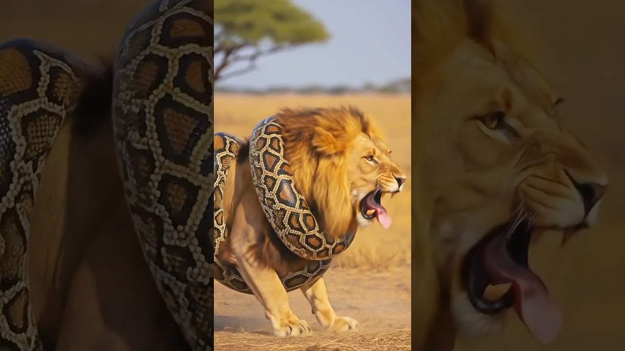 a snake wrapped around the lion's body and the lion screamed in pain 
