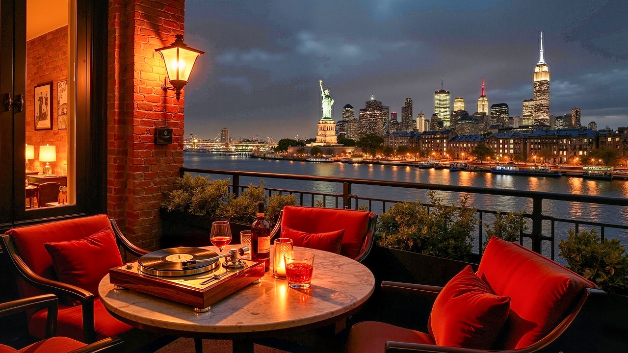 Romantic New York Night Jazz 🌃 Cozy Balcony Ambience with Manhattan Skyline