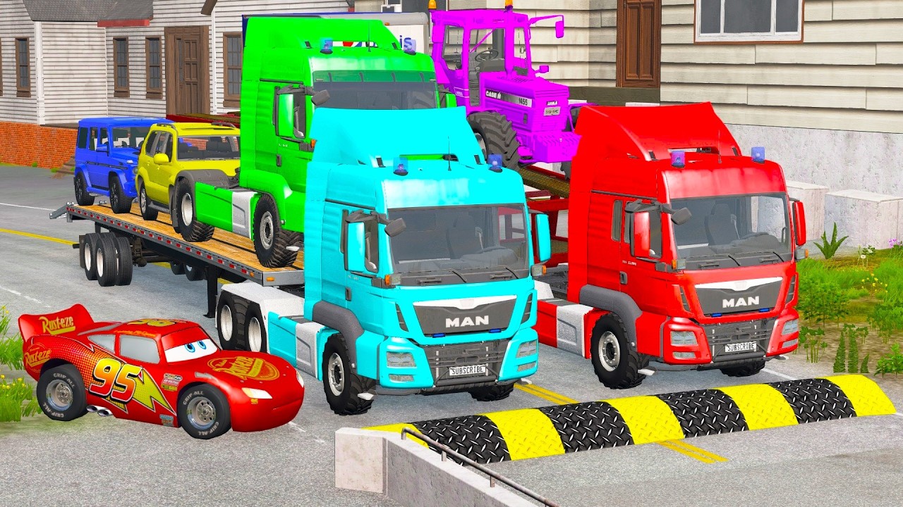 Flatbed Trailer McQueen Transportation with Truck - Speedbumps vs Cars vs Train - BeamNG.Drive #04