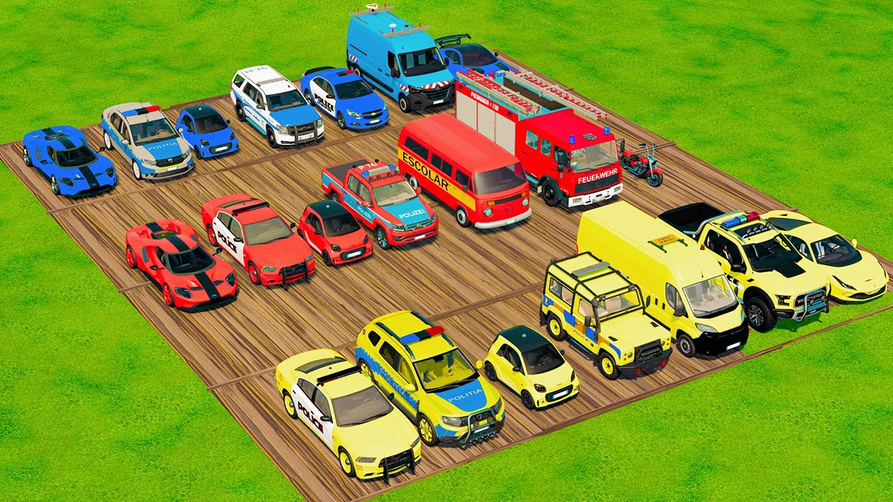 TRANSPORTING CARS, AMBULANCE, POLICE CARS, FIRE TRUCK OF COLORS! WITH TRUCKS! - FS 22