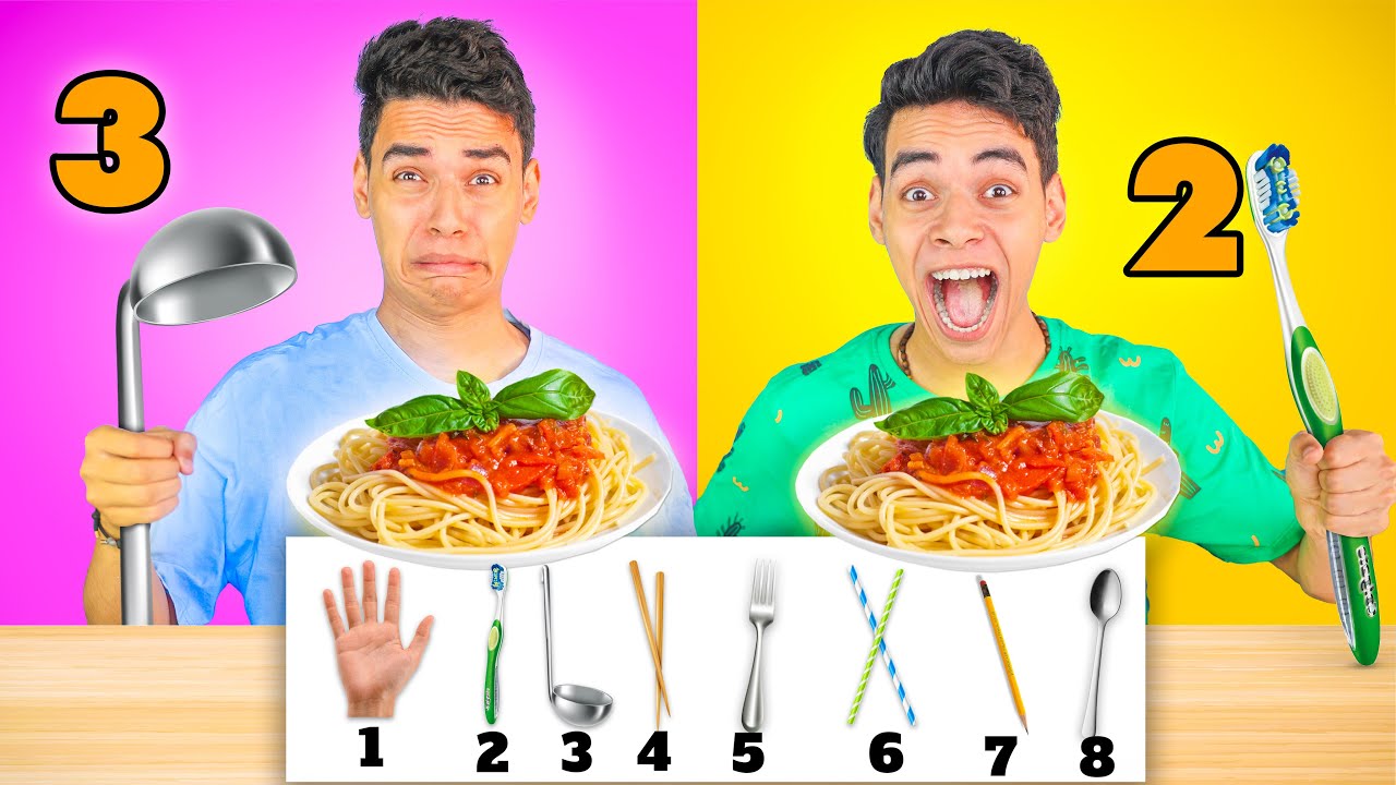 تحدي تاكل الاكل بالادوات الغامضة 😂و العقاب بهدلة 😱