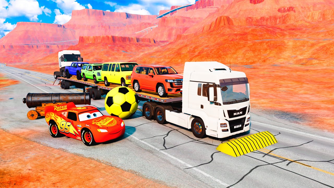 Flatbed Trailer McQueen Transportation in UTAH - Speedbumps vs Cars vs Train - BeamNG.Drive #2